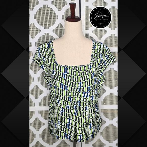 3/$25 Charter Club Petite Black Green White Geometric Square Neck Top Size PM - Picture 1 of 11